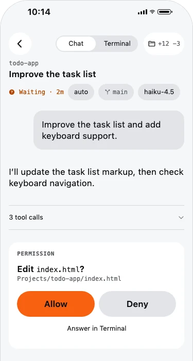 Hoptail on iPhone: todo-app is waiting for permission to edit index.html, with Allow and Deny buttons